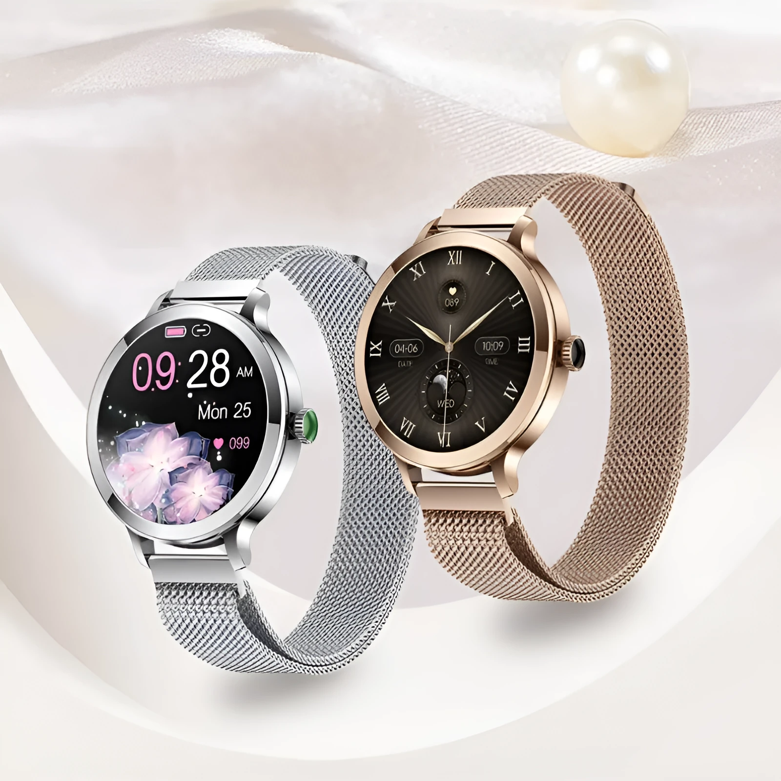 Women's AMOLED smartwatch with Bluetooth calling, gold steel case, 1.106 inch screen