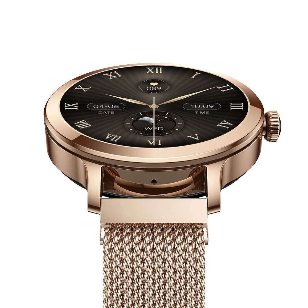 Women's AMOLED smartwatch with Bluetooth calling, gold steel case, 1.106 inch screen