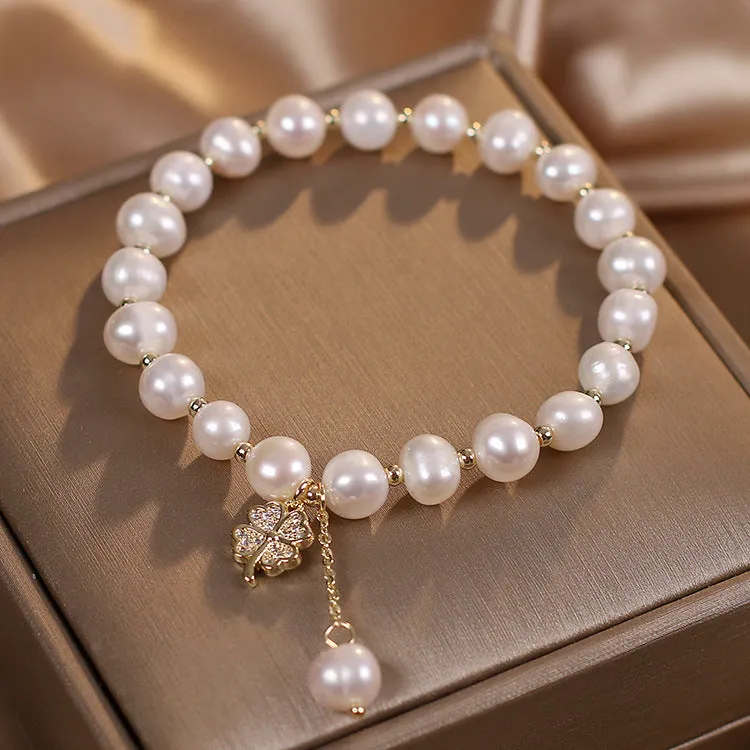 Natural freshwater pearl bracelet white alloy women simple style four-leaf clover sequins hand jewellery