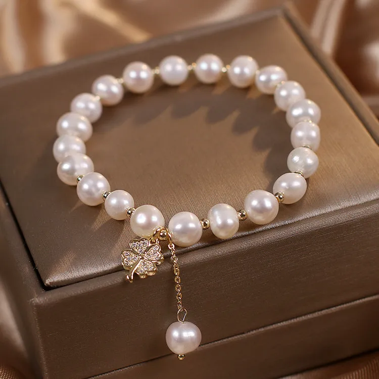 Natural freshwater pearl bracelet white alloy women simple style four-leaf clover sequins hand jewellery