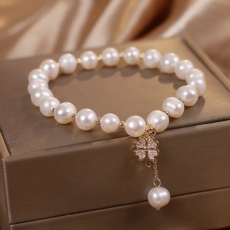 Natural freshwater pearl bracelet white alloy women simple style four-leaf clover sequins hand jewellery
