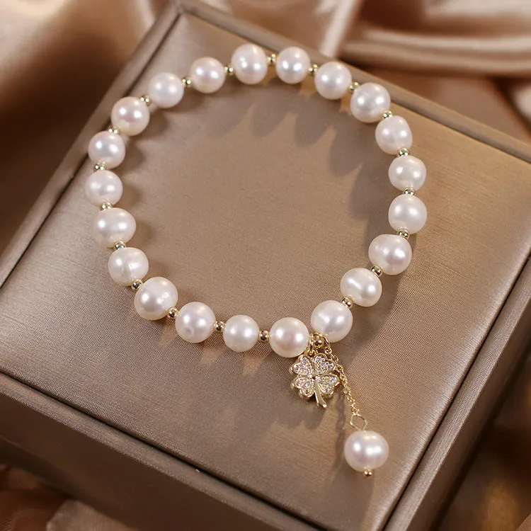 Natural freshwater pearl bracelet white alloy women simple style four-leaf clover sequins hand jewellery