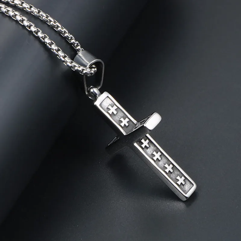 Titanium steel religious necklace with bowknot alloy pendant and pearl chain, adjustable 51-80cm, unisex