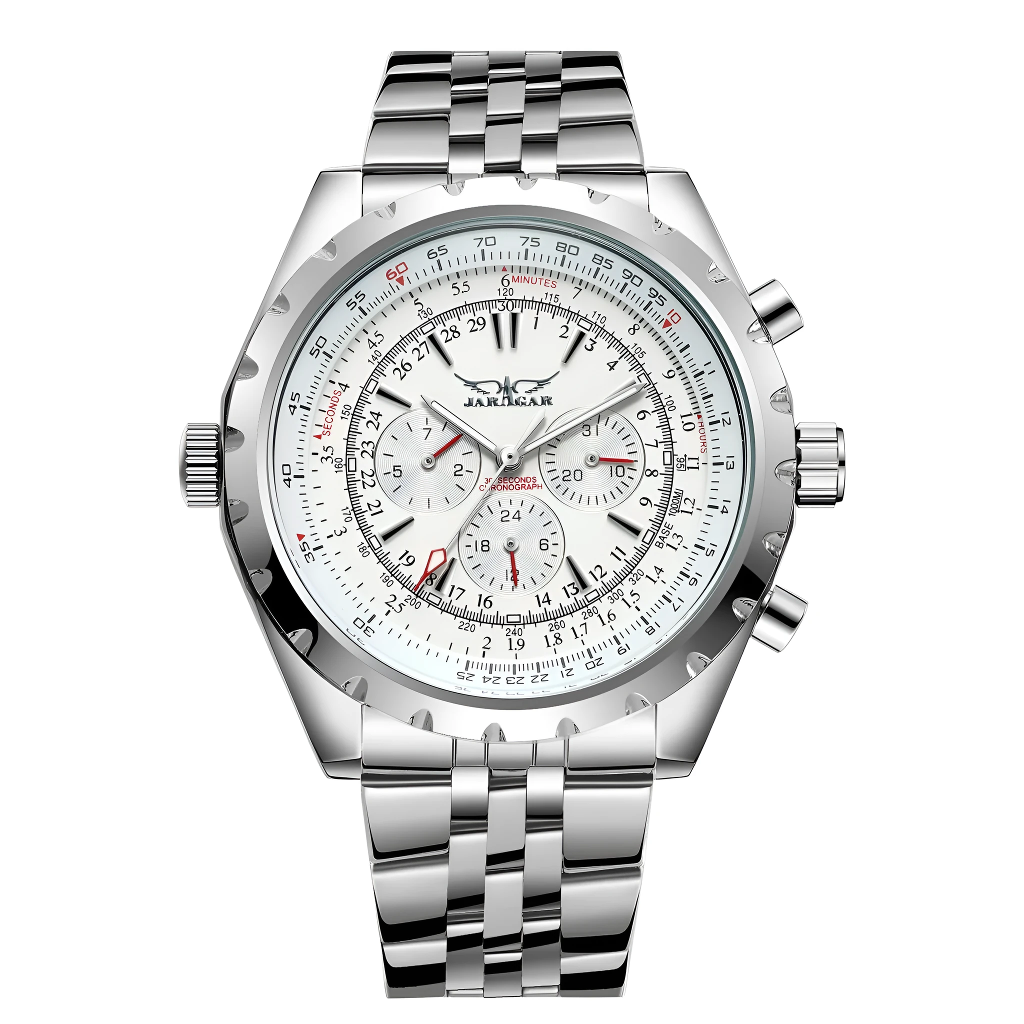 Men's automatic mechanical watch with double calendar, 48mm round steel case, alloy strap, pointer display