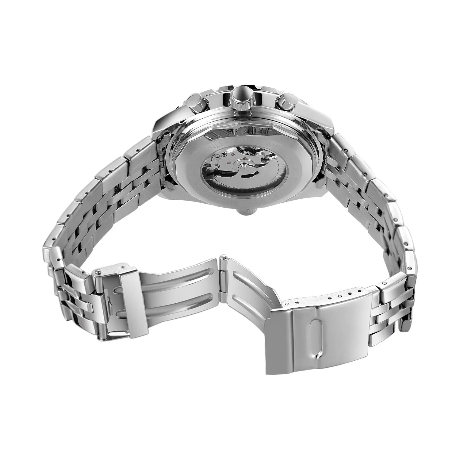 Men's automatic mechanical watch with double calendar, 48mm round steel case, alloy strap, pointer display