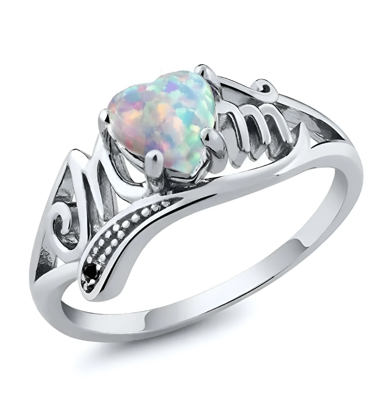 Heart shaped opal mother ring with alloy setting and artificial gemstone details in blue