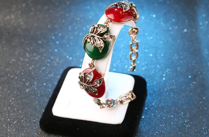 Colourful resin and Tibetan alloy boho bracelet with gold tone flower and love charms for women