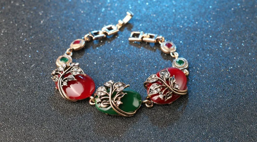 Colourful resin and Tibetan alloy boho bracelet with gold tone flower and love charms for women
