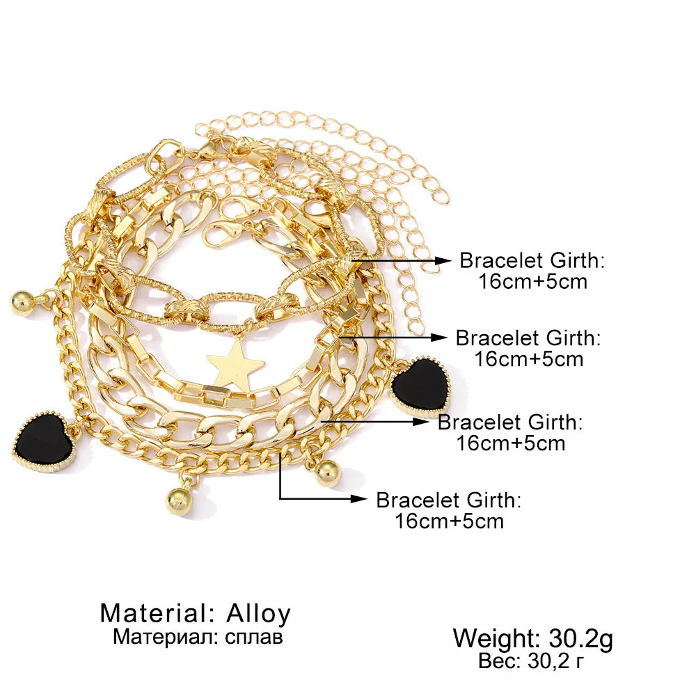 Black Peach Heart Retro Simple Multi-layer Alloy Bracelet for Women with Star and Heart Motifs
