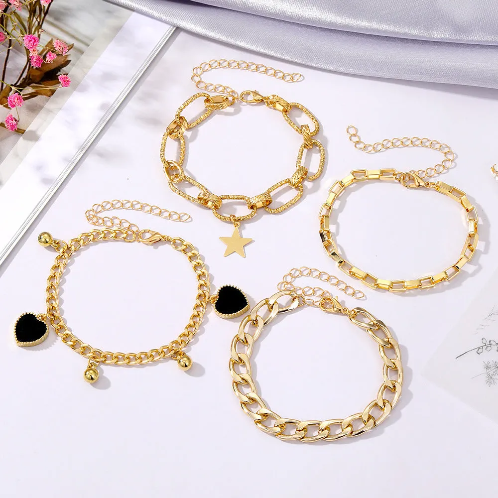 Black Peach Heart Retro Simple Multi-layer Alloy Bracelet for Women with Star and Heart Motifs