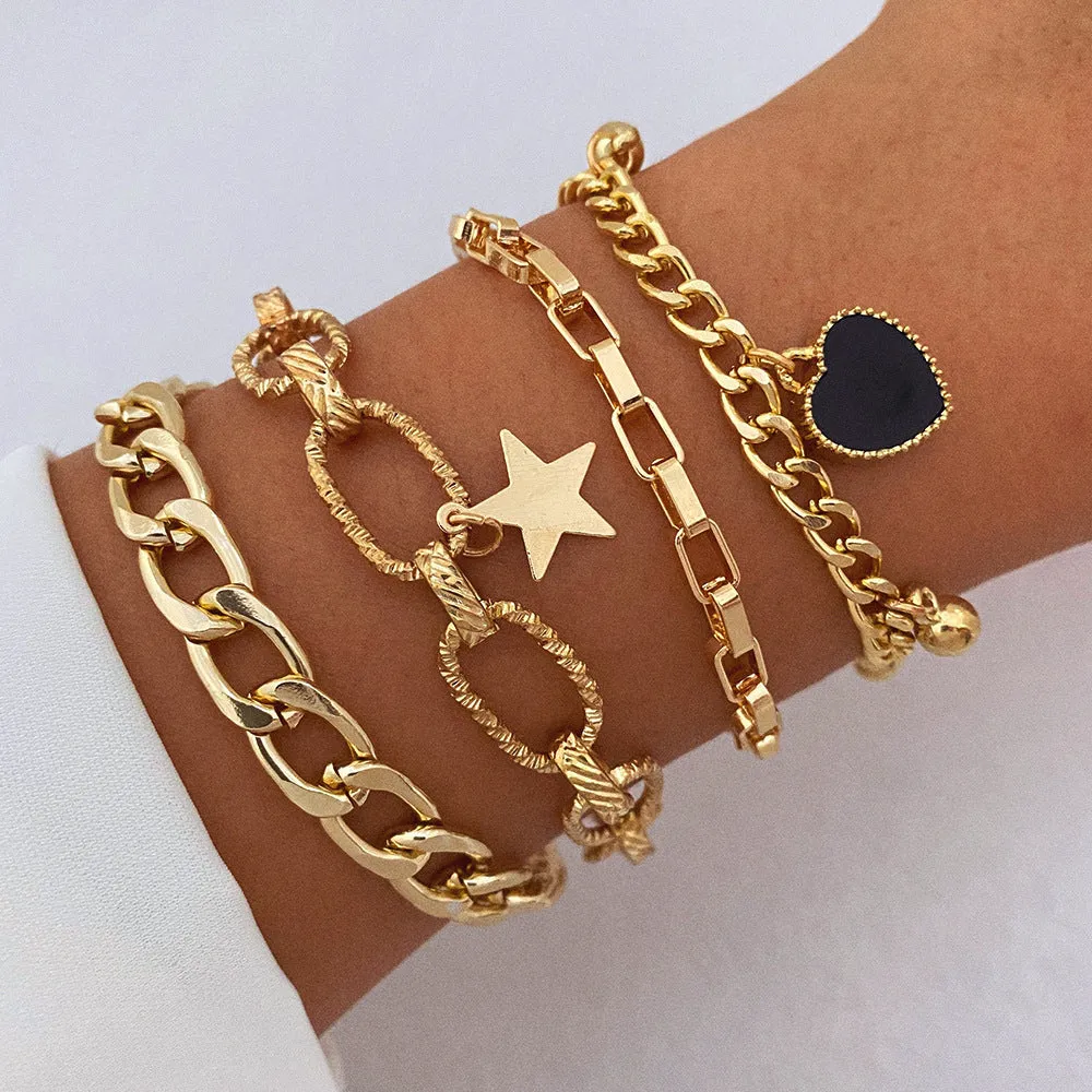 Black Peach Heart Retro Simple Multi-layer Alloy Bracelet for Women with Star and Heart Motifs