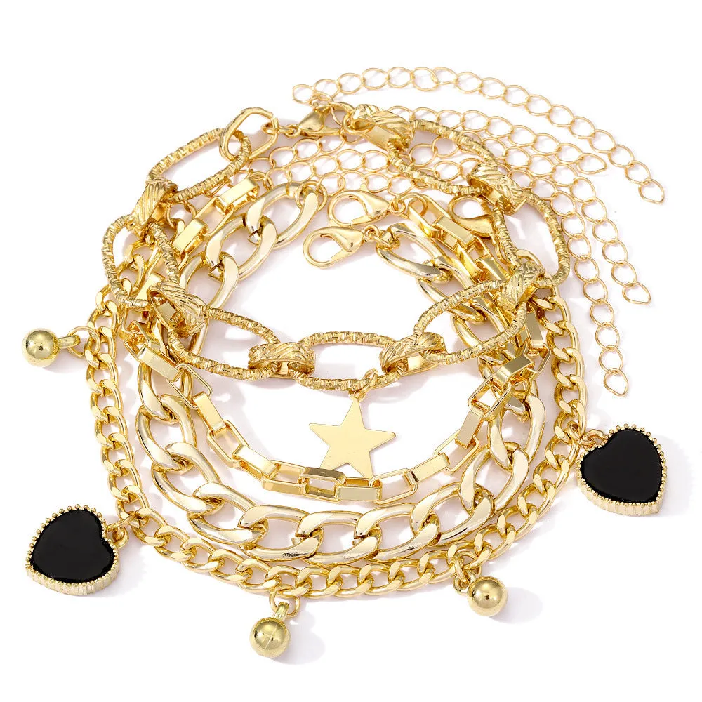 Black Peach Heart Retro Simple Multi-layer Alloy Bracelet for Women with Star and Heart Motifs