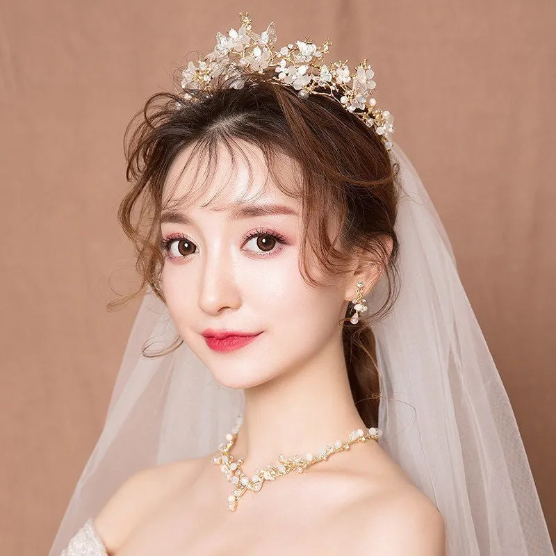 Bride wedding dress crown three-piece headdress set super fairy series with crystal details and matching necklace earrings