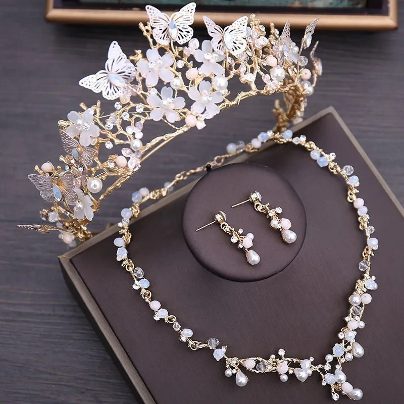 Bride wedding dress crown three-piece headdress set super fairy series with crystal details and matching necklace earrings