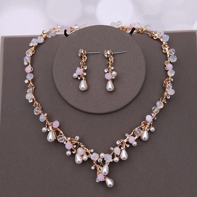 Bride wedding dress crown three-piece headdress set super fairy series with crystal details and matching necklace earrings