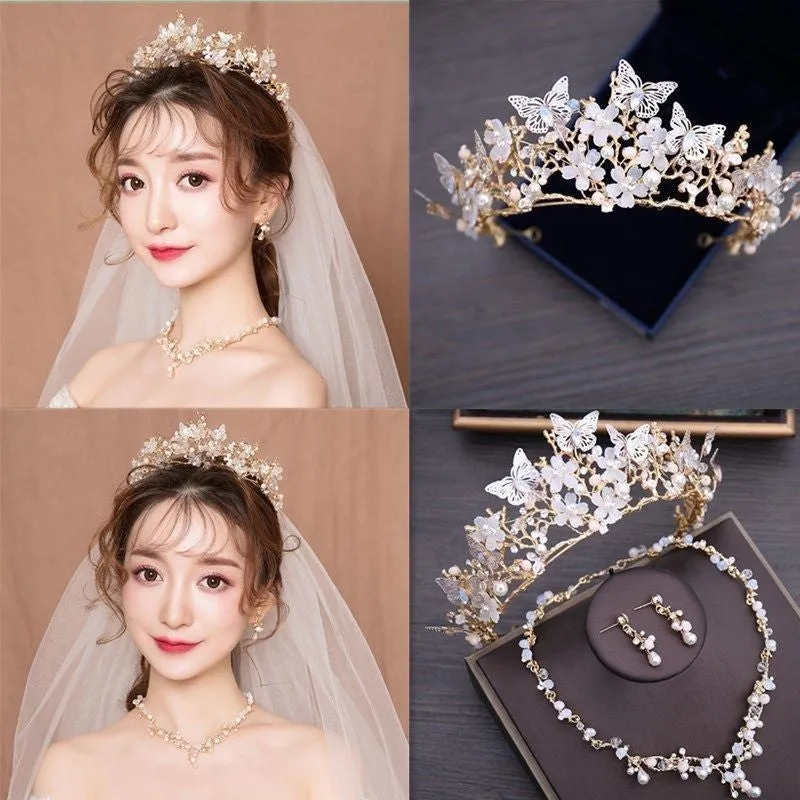Bride wedding dress crown three-piece headdress set super fairy series with crystal details and matching necklace earrings