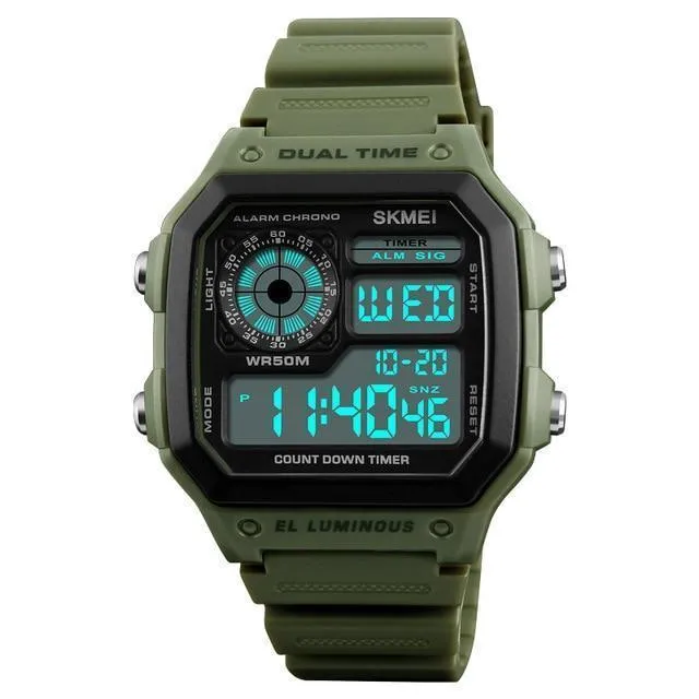 Skmei fashion creative digital watch men's 43mm round rubber case PU strap LED display Army green