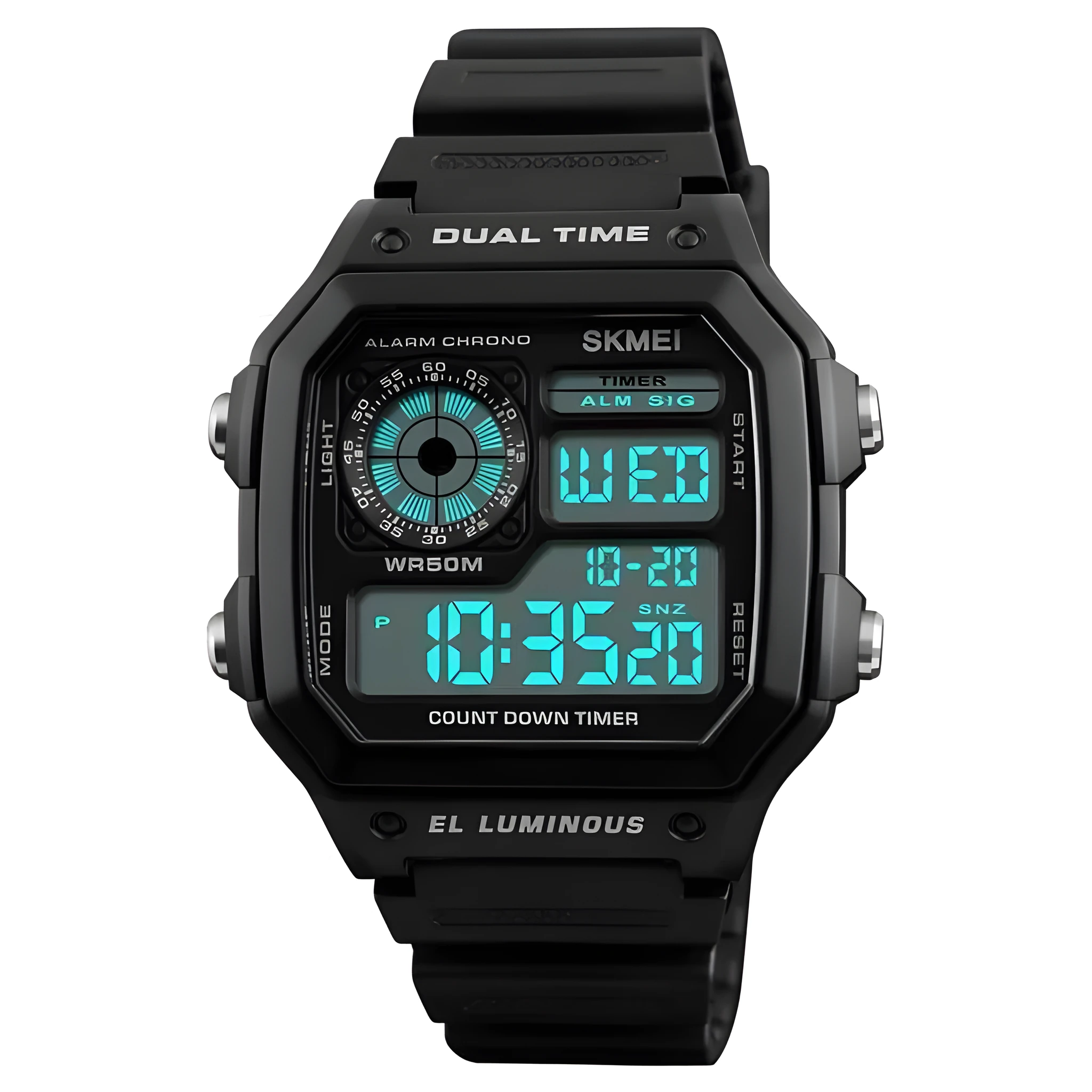 Skmei fashion creative digital watch men's 43mm round rubber case PU strap LED display Army green