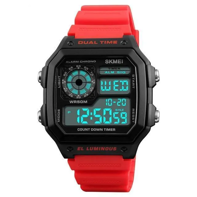 Skmei fashion creative digital watch men's 43mm round rubber case PU strap LED display Army green