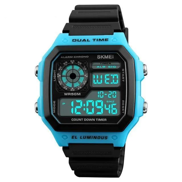 Skmei fashion creative digital watch men's 43mm round rubber case PU strap LED display Army green