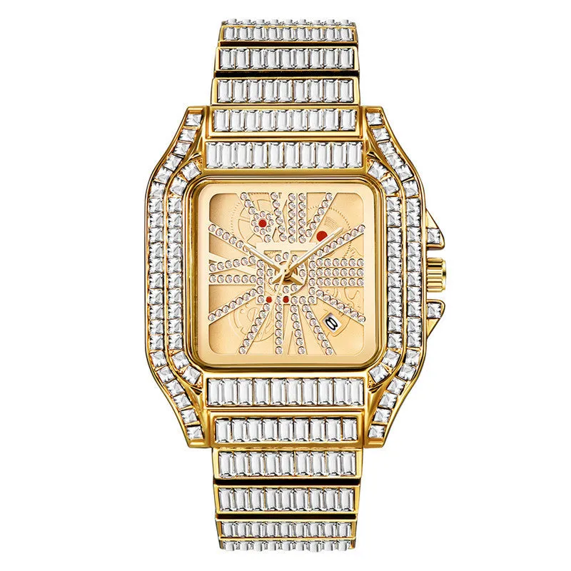 Hip hop full diamond large dial square men's quartz watch with gold alloy band
