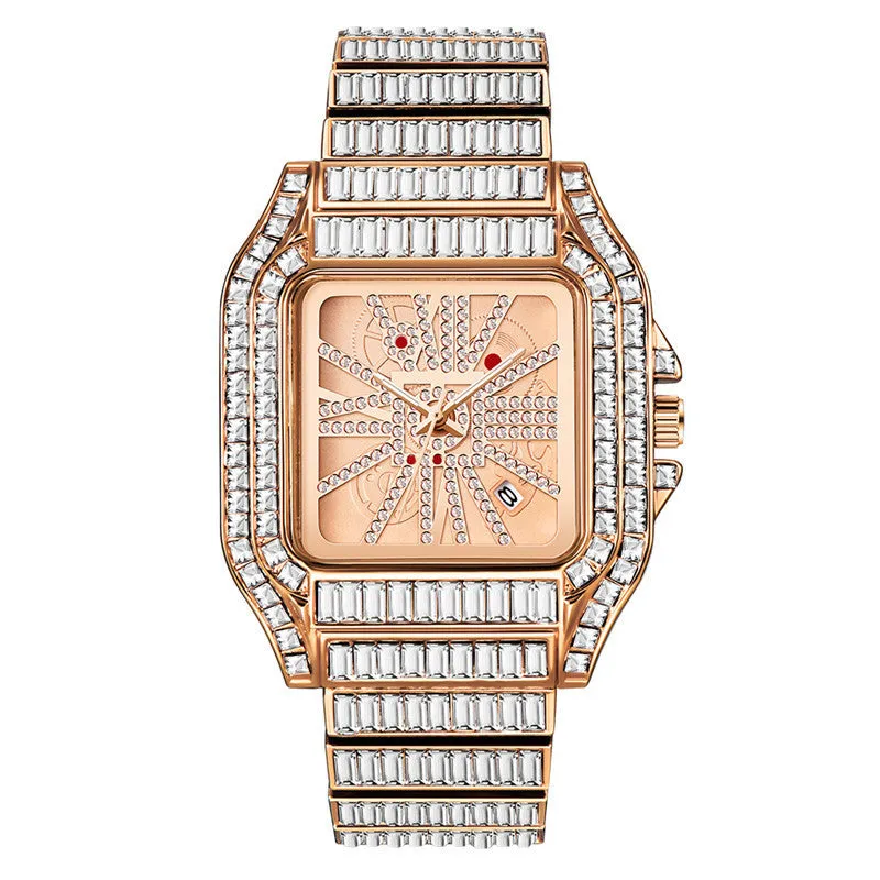 Hip hop full diamond large dial square men's quartz watch with gold alloy band