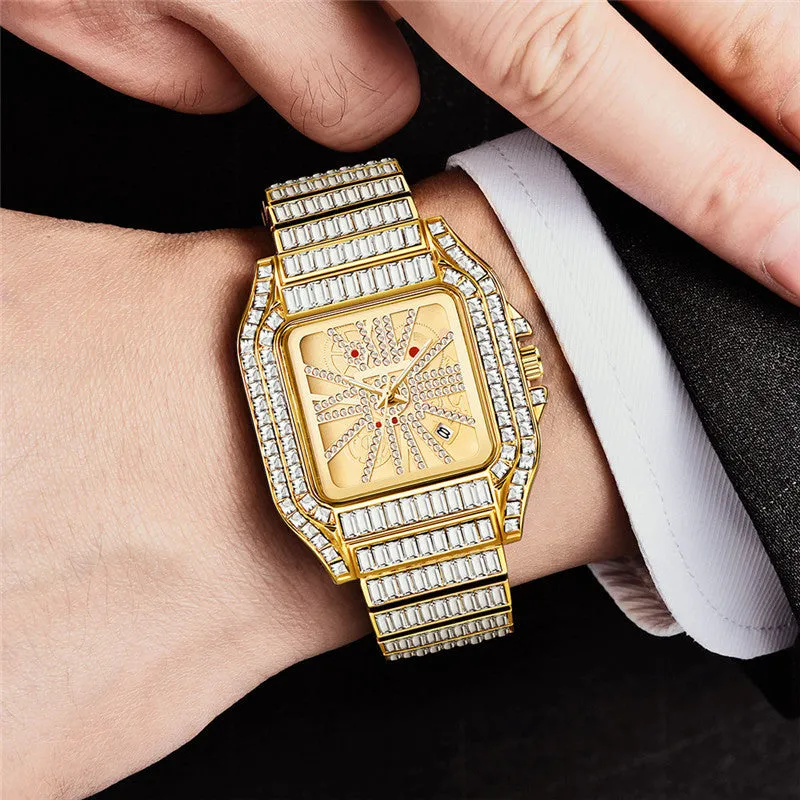 Hip hop full diamond large dial square men's quartz watch with gold alloy band