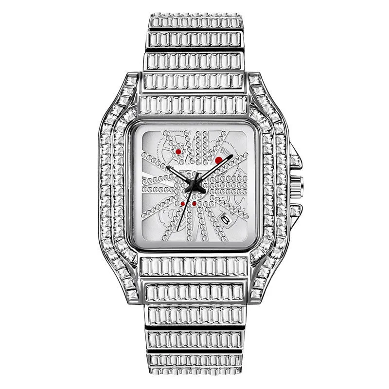 Hip hop full diamond large dial square men's quartz watch with gold alloy band