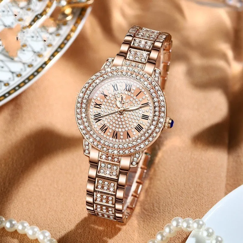 Women's quartz watch with 32mm dial, steel bracelet, Roman numeral face, and butterfly clasp