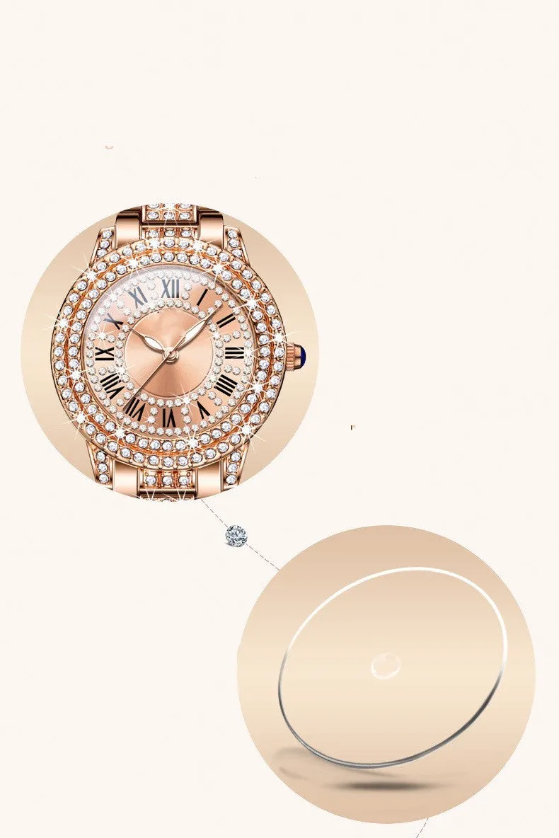 Women's quartz watch with 32mm dial, steel bracelet, Roman numeral face, and butterfly clasp