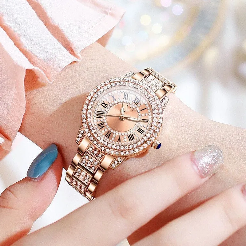 Women's quartz watch with 32mm dial, steel bracelet, Roman numeral face, and butterfly clasp