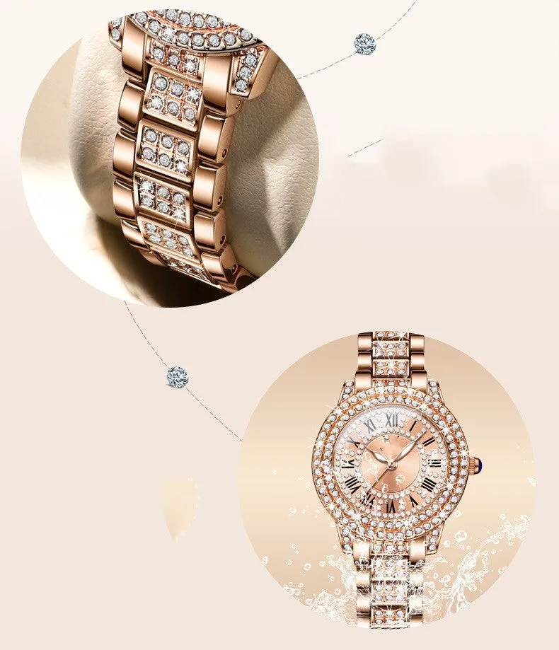 Women's quartz watch with 32mm dial, steel bracelet, Roman numeral face, and butterfly clasp