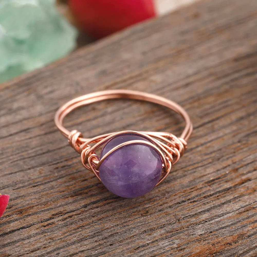 Handmade natural stone ring with adjustable copper band on finger, Amethyst Quartz option.