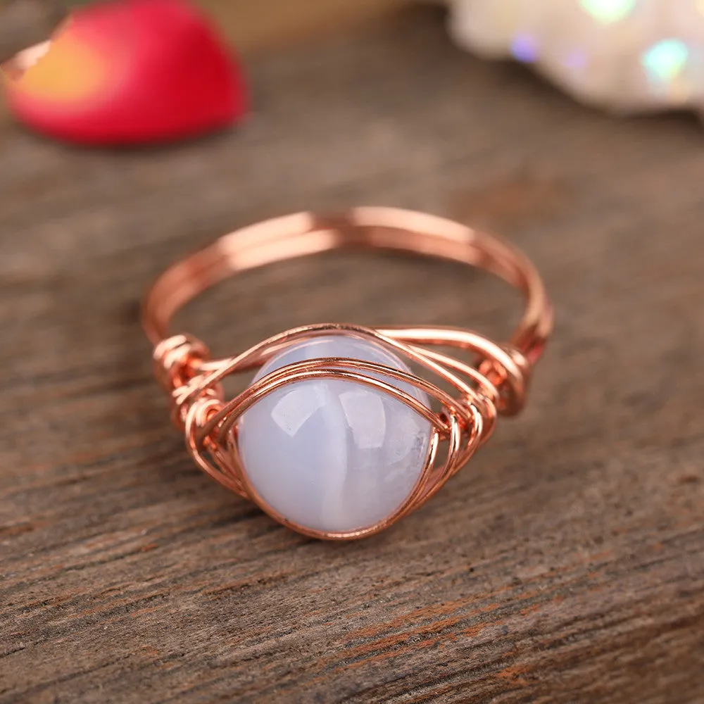 Handmade natural stone ring with adjustable copper band on finger, Amethyst Quartz option.