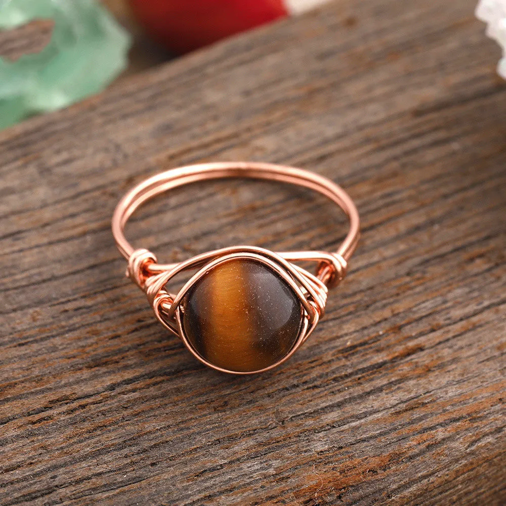 Handmade natural stone ring with adjustable copper band on finger, Amethyst Quartz option.