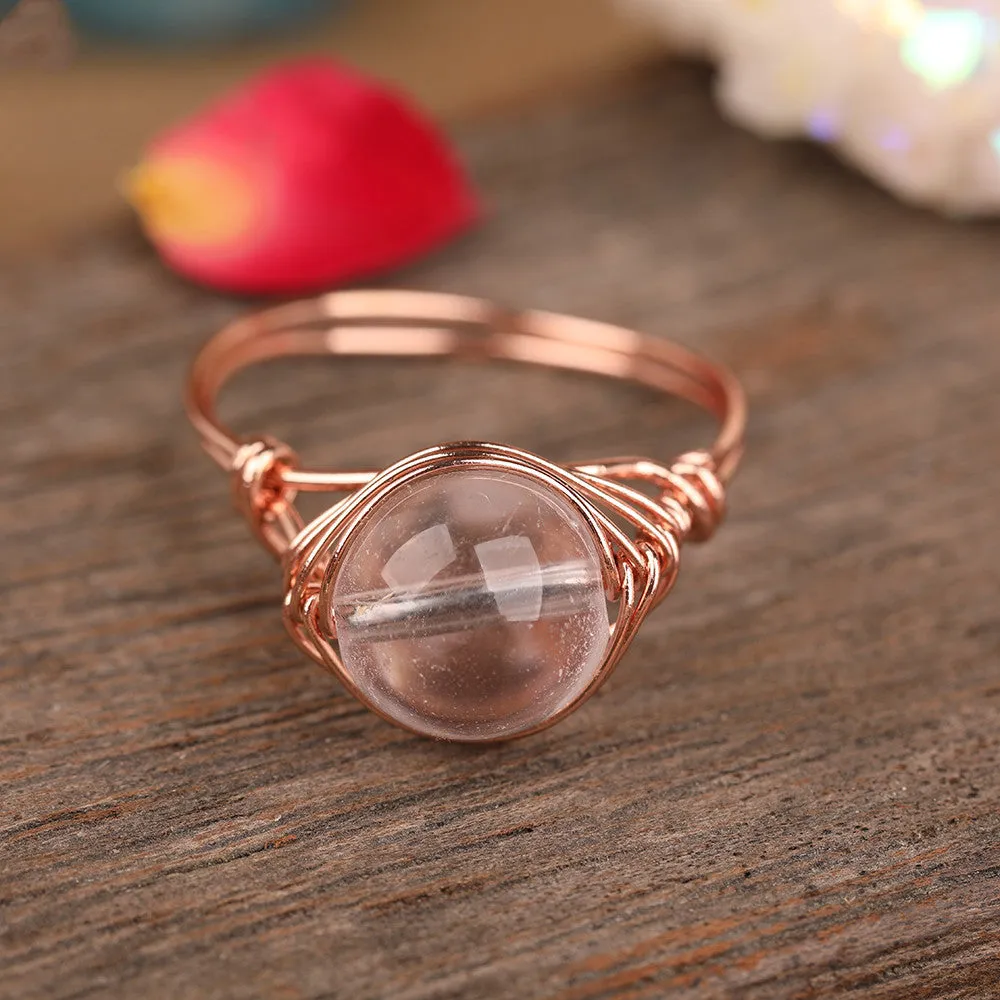 Handmade natural stone ring with adjustable copper band on finger, Amethyst Quartz option.