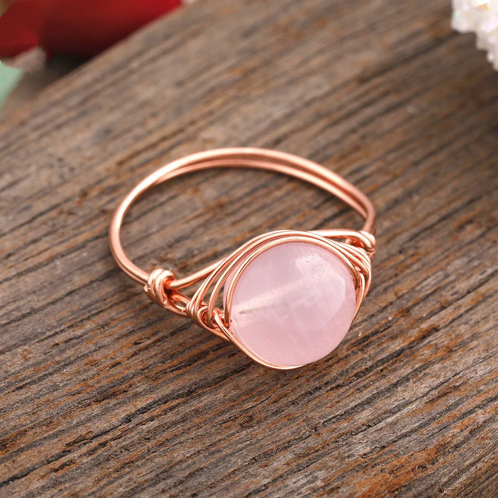 Handmade natural stone ring with adjustable copper band on finger, Amethyst Quartz option.