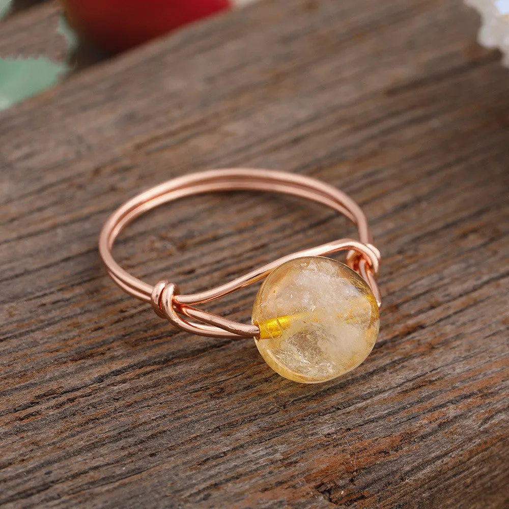 Handmade natural stone ring with adjustable copper band on finger, Amethyst Quartz option.