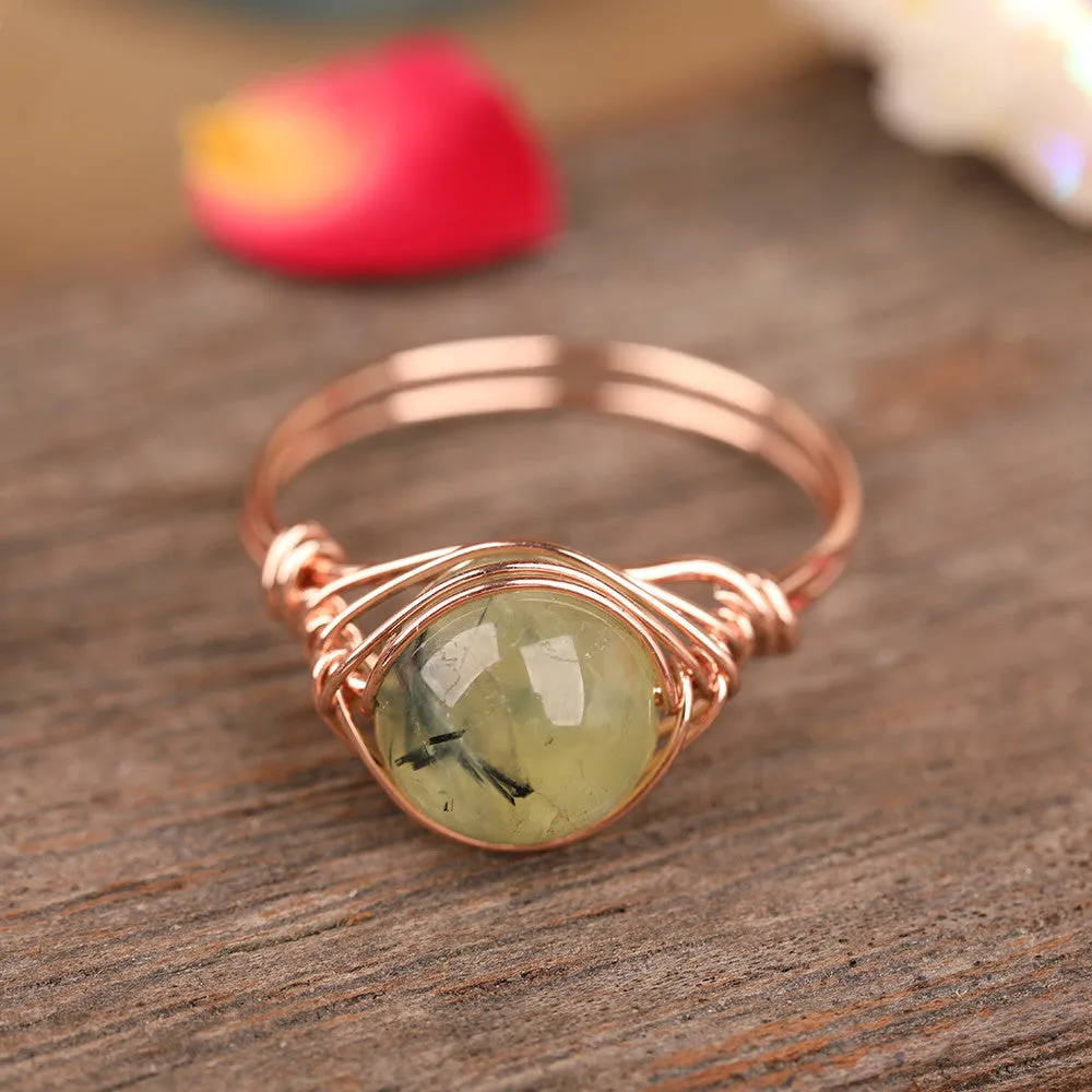 Handmade natural stone ring with adjustable copper band on finger, Amethyst Quartz option.