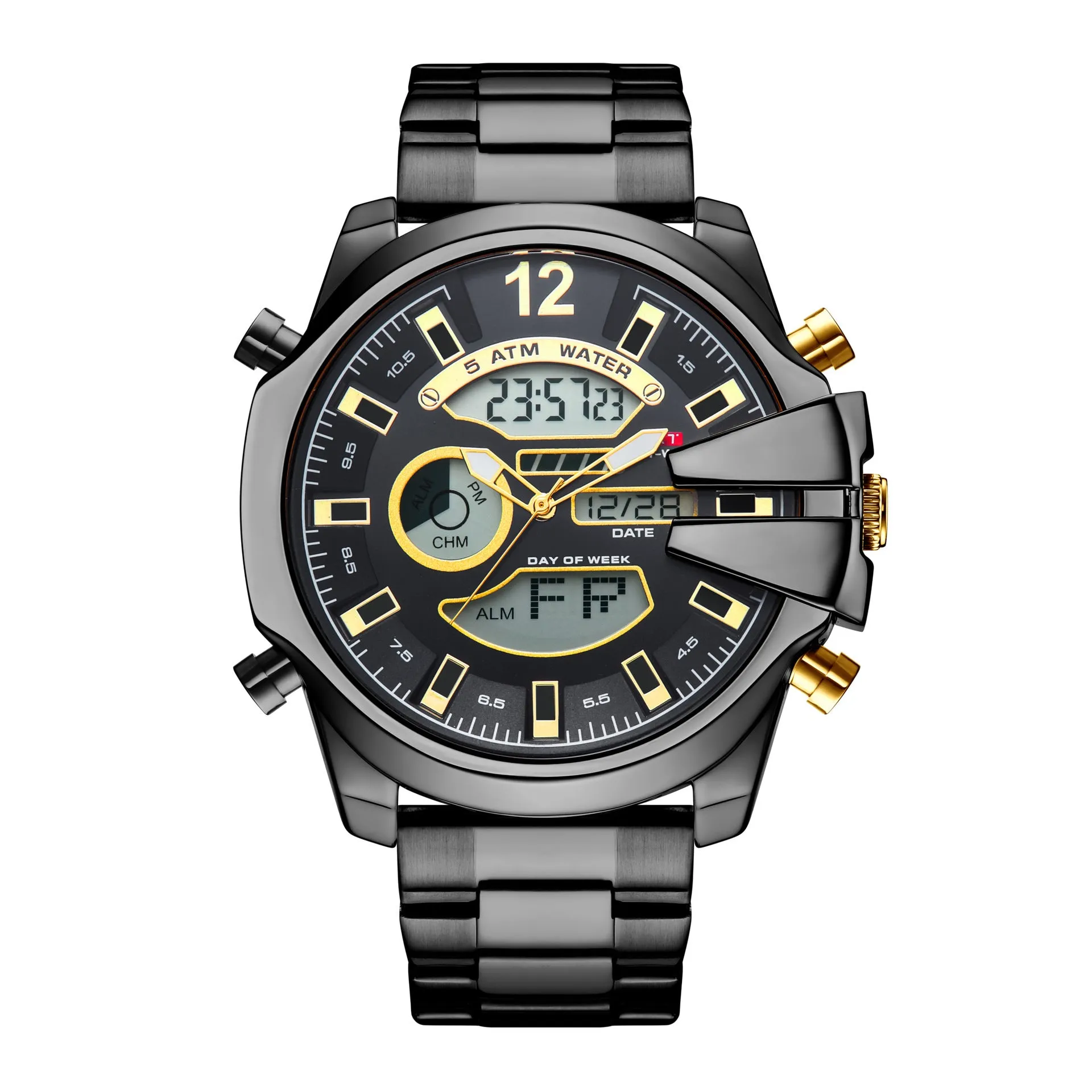 Men's dual display alarm LED sports watch with 55mm round mineral glass dial and stainless steel strap, black colour