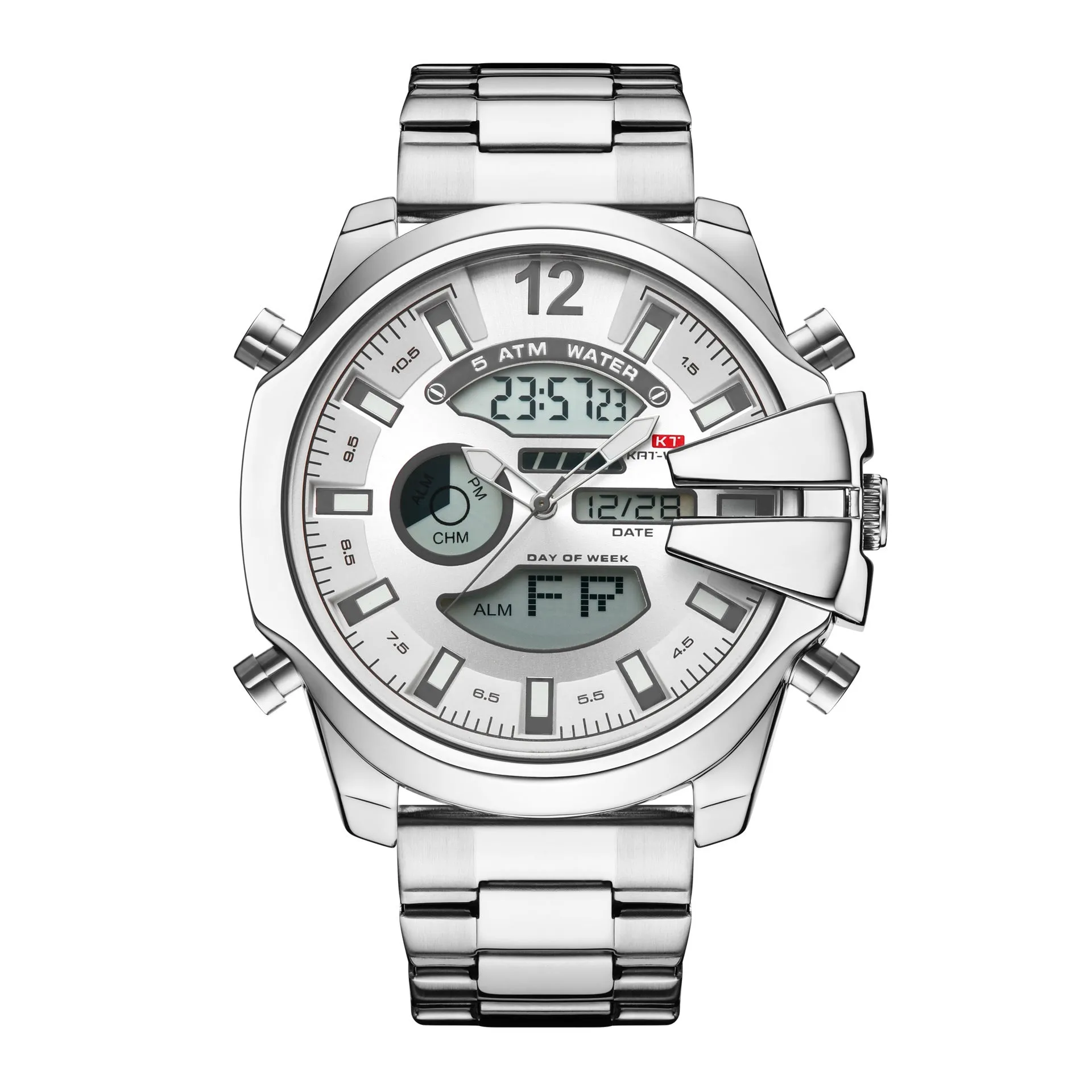 Men's dual display alarm LED sports watch with 55mm round mineral glass dial and stainless steel strap, black colour
