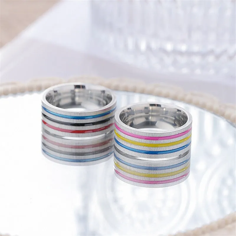 Titanium steel ring with rainbow drops of oil finish, flower shape, 8mm width, silver colour