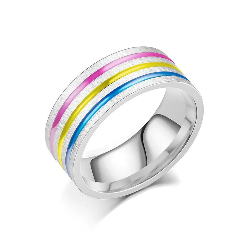 Titanium steel ring with rainbow drops of oil finish, flower shape, 8mm width, silver colour