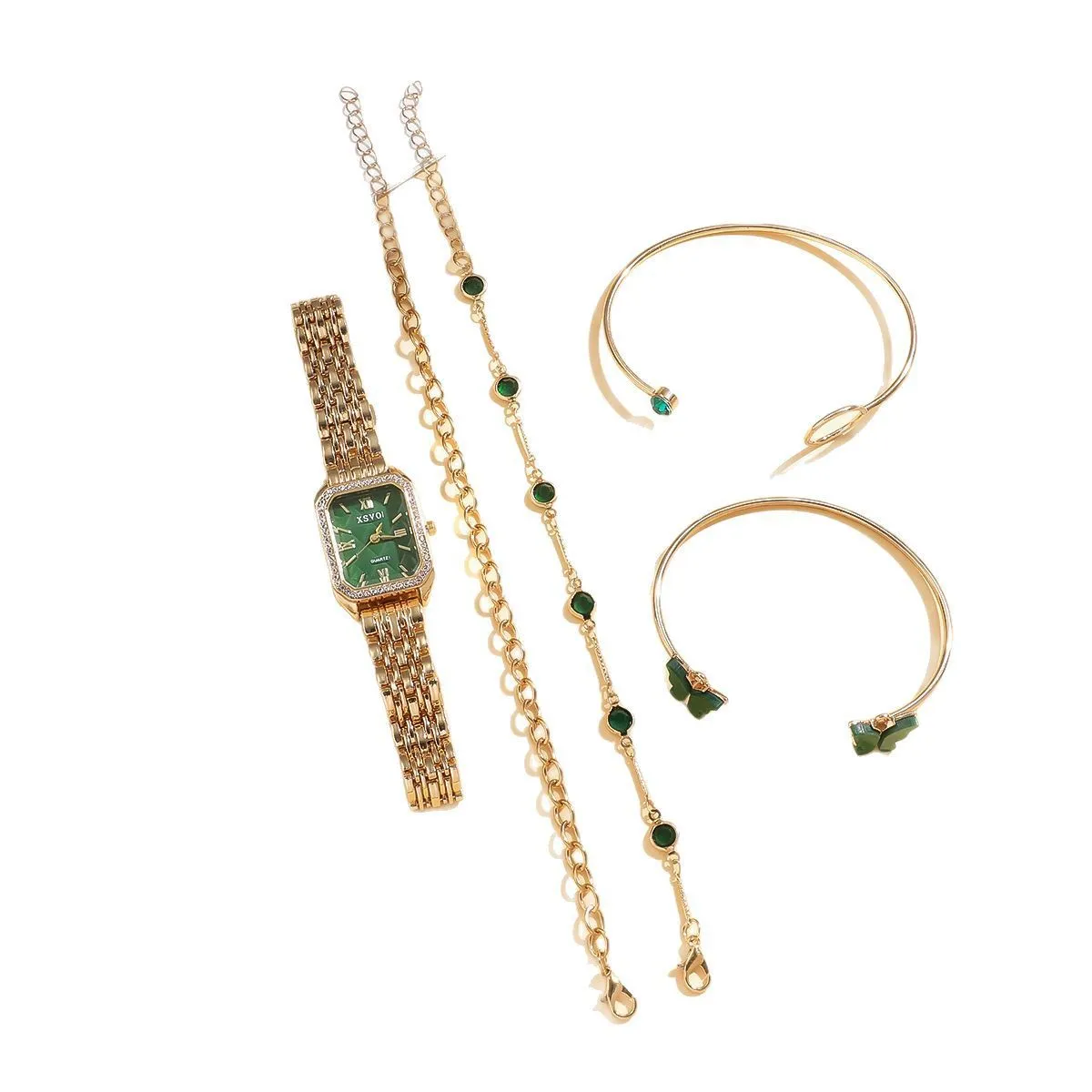 Gold green women's square watch with four matching bracelets showing 25mm dial and alloy construction