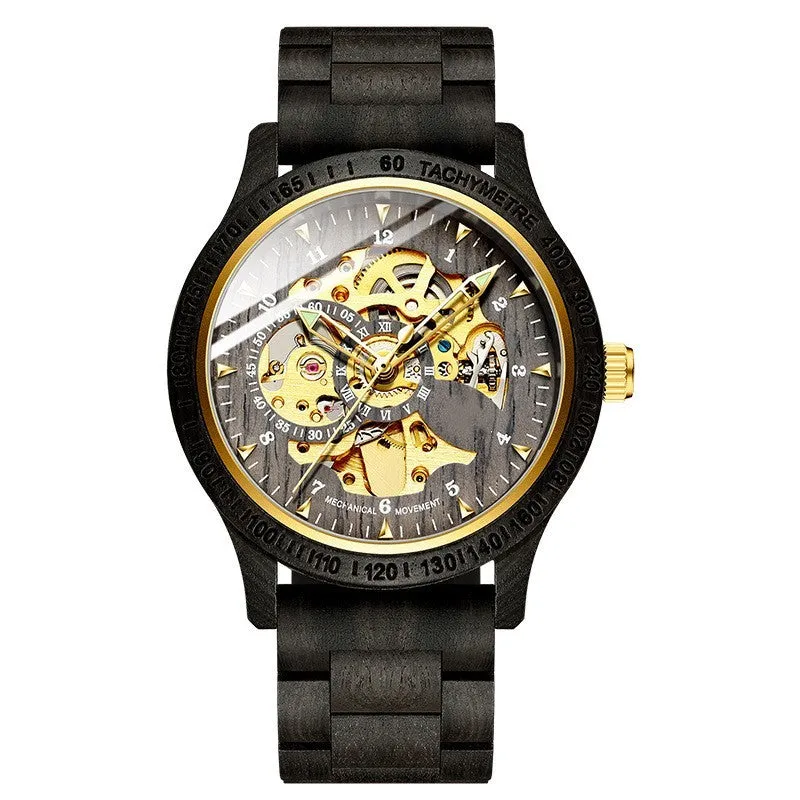 Men's sandalwood automatic mechanical watch with 44 mm wood and alloy case and leather strap