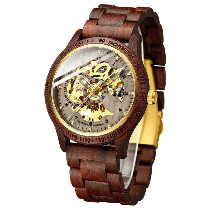 Men's sandalwood automatic mechanical watch with 44 mm wood and alloy case and leather strap