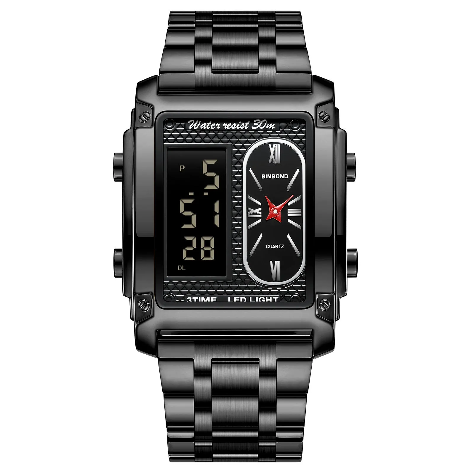Men's creative steel belt electronic watch with black steel surface and multi-functional display