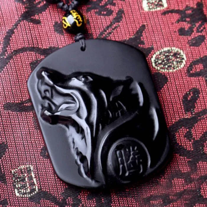 Obsidian carving wolf head amulet pendant necklace for men, natural black stone, 49x39x8mm
