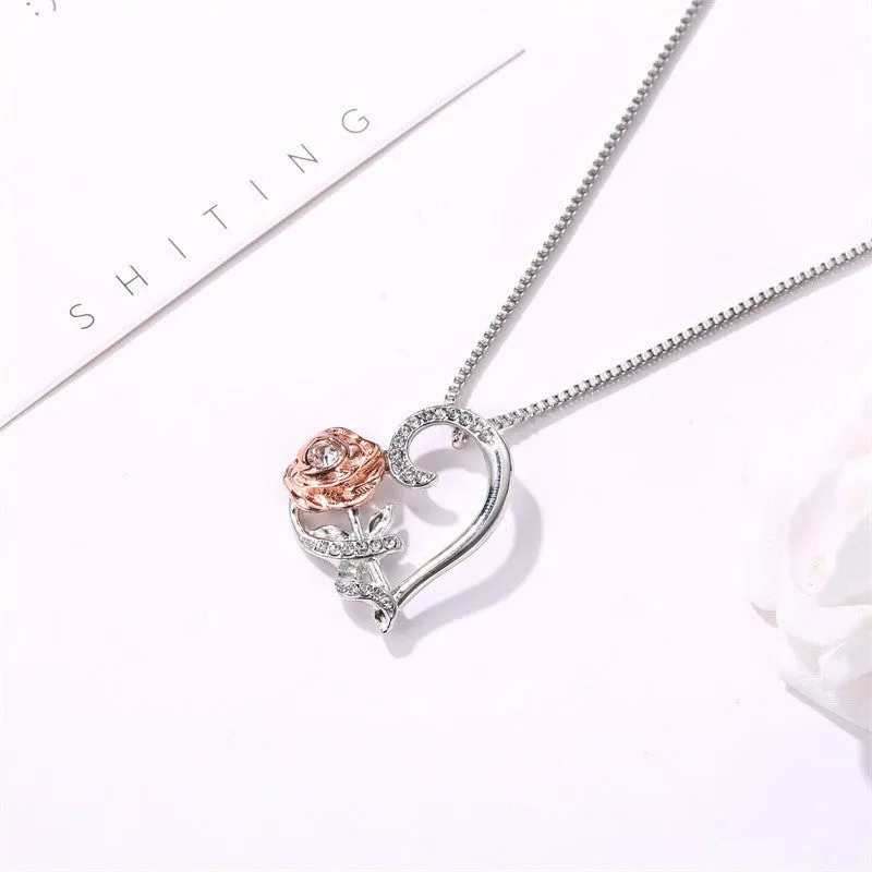Silver alloy heart-shaped love rose zircon necklace clavicle chain for women