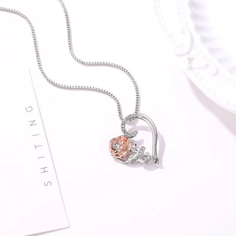 Silver alloy heart-shaped love rose zircon necklace clavicle chain for women